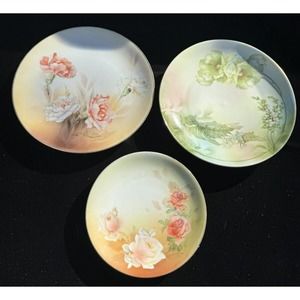3 R S Germany Cabinet Plates Floral Porcelain Hand Painted Antique Green -O4